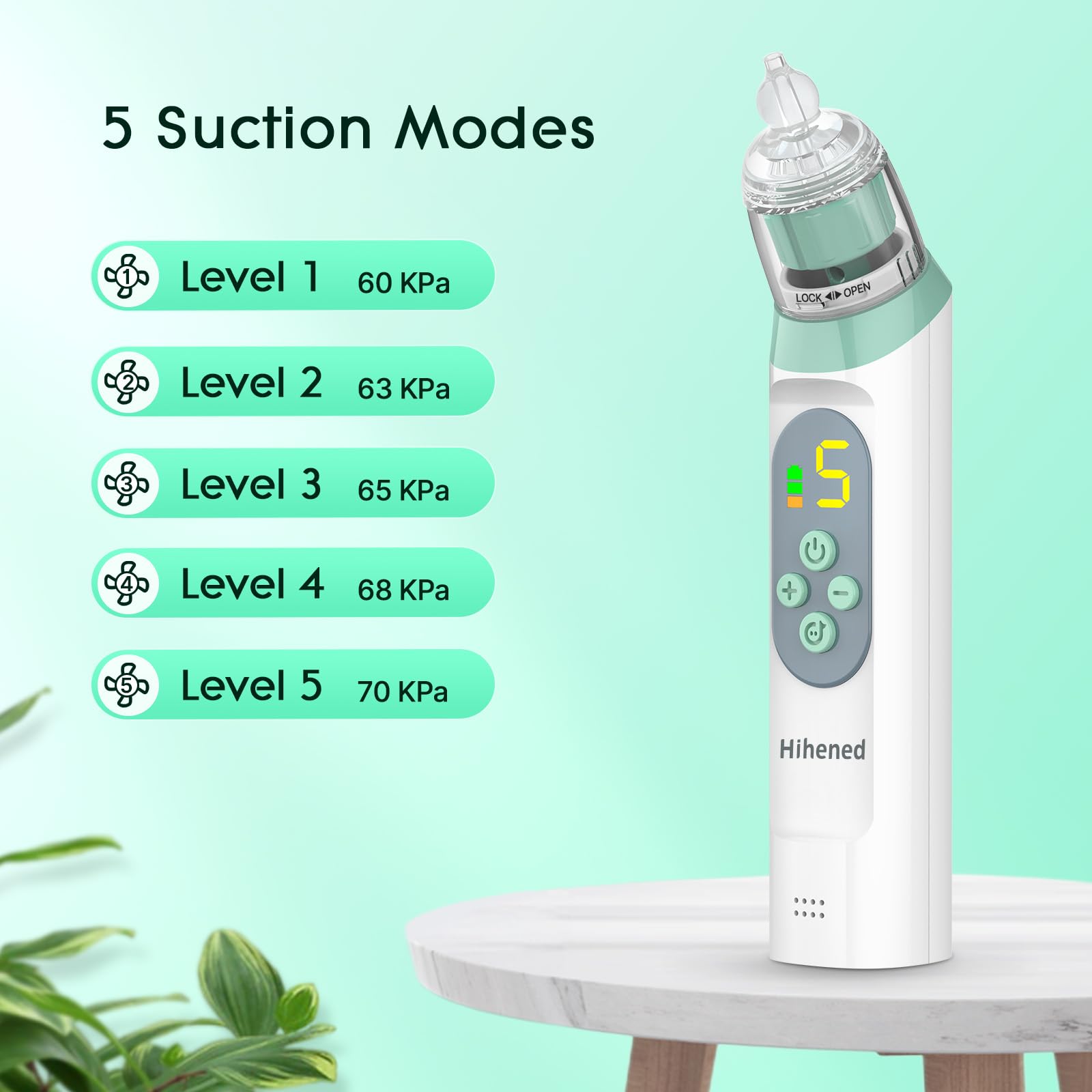 Hihened nasal aspirator with low-noise operation and soothing lights