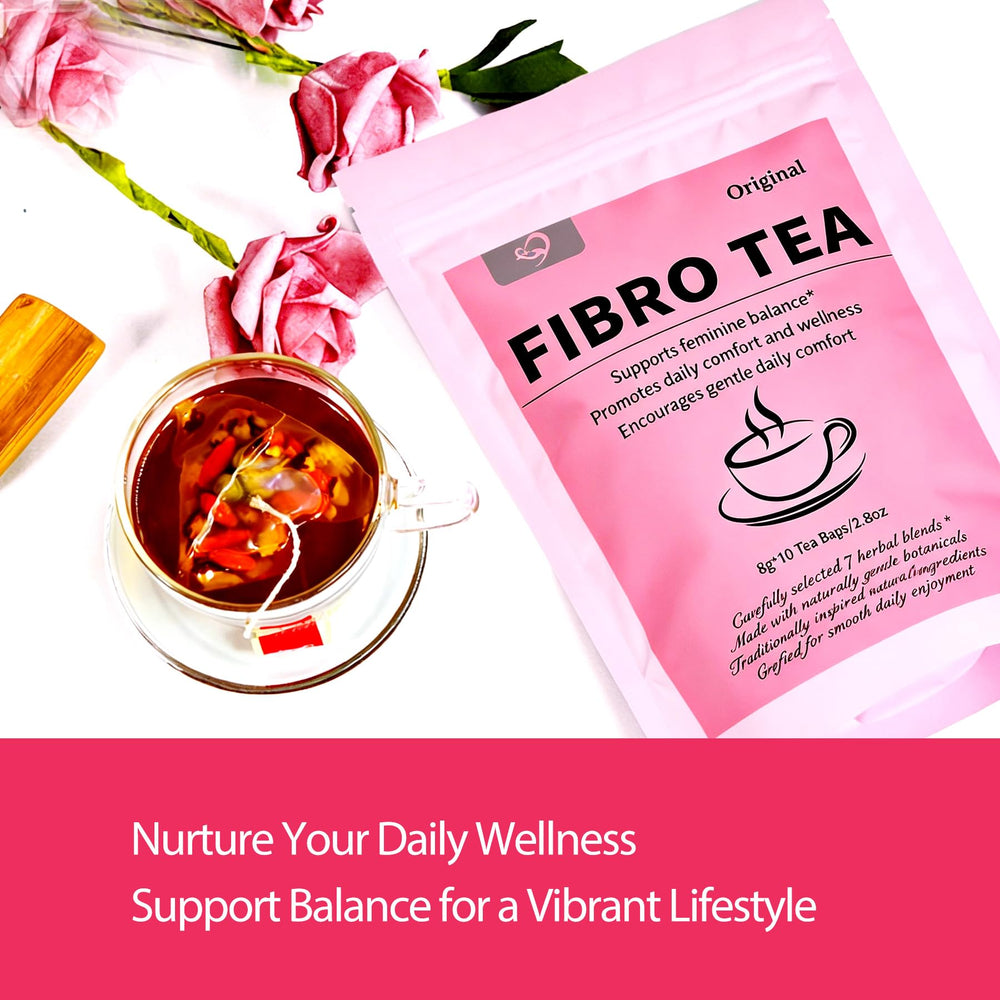 Hiherbs Fibro Tea herbal blend ingredients suggesting a comforting caffeine-free option.