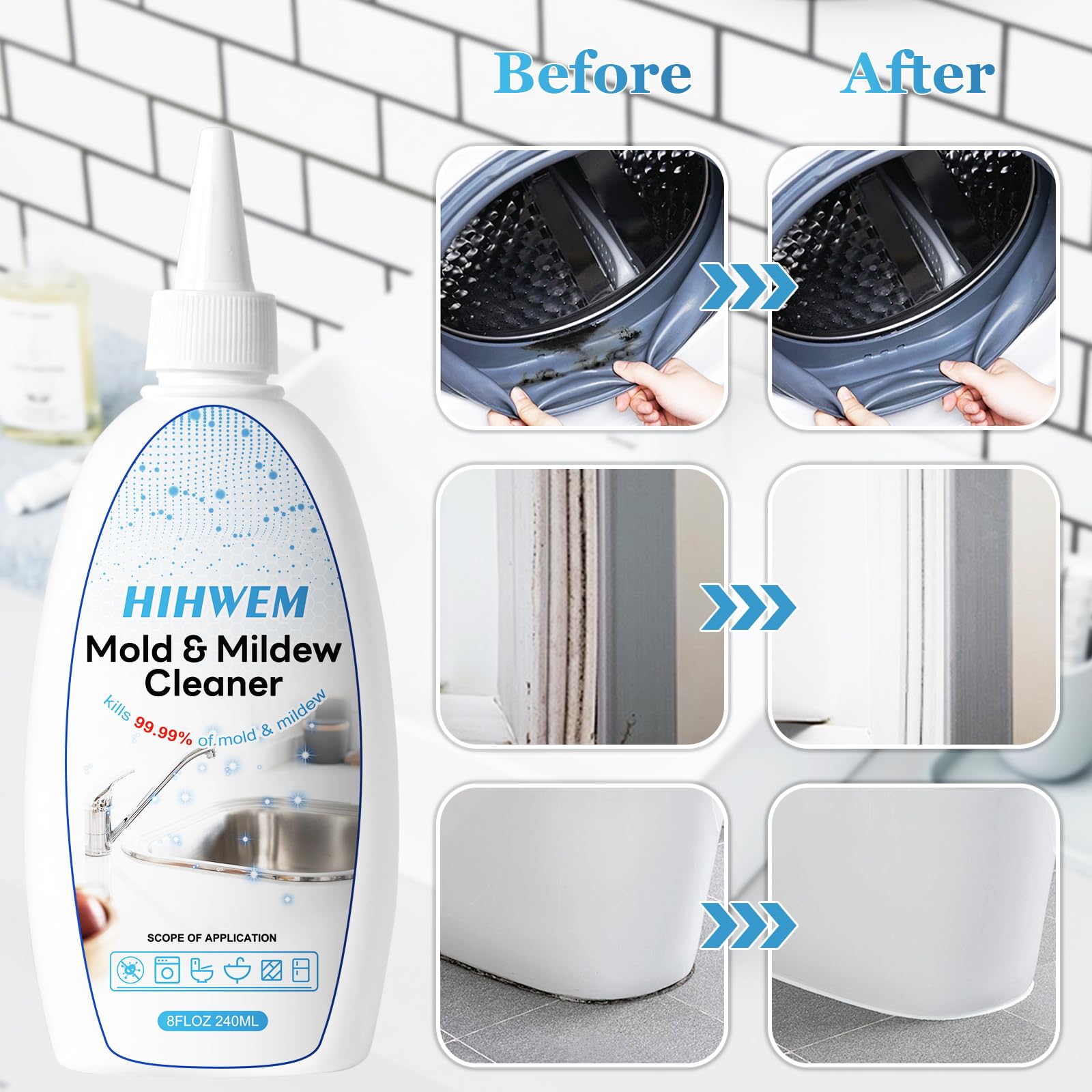 HIHWEM Mold Mildew Remover Gel targets grout and tile for cleaner kitchen and bath areas