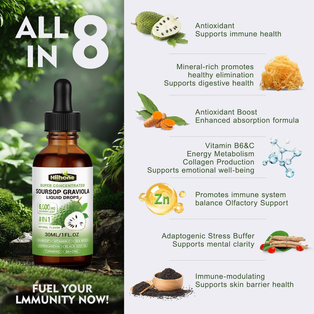 HIIHONE Graviola Soursop liquid drops pour for easy daily dosing.