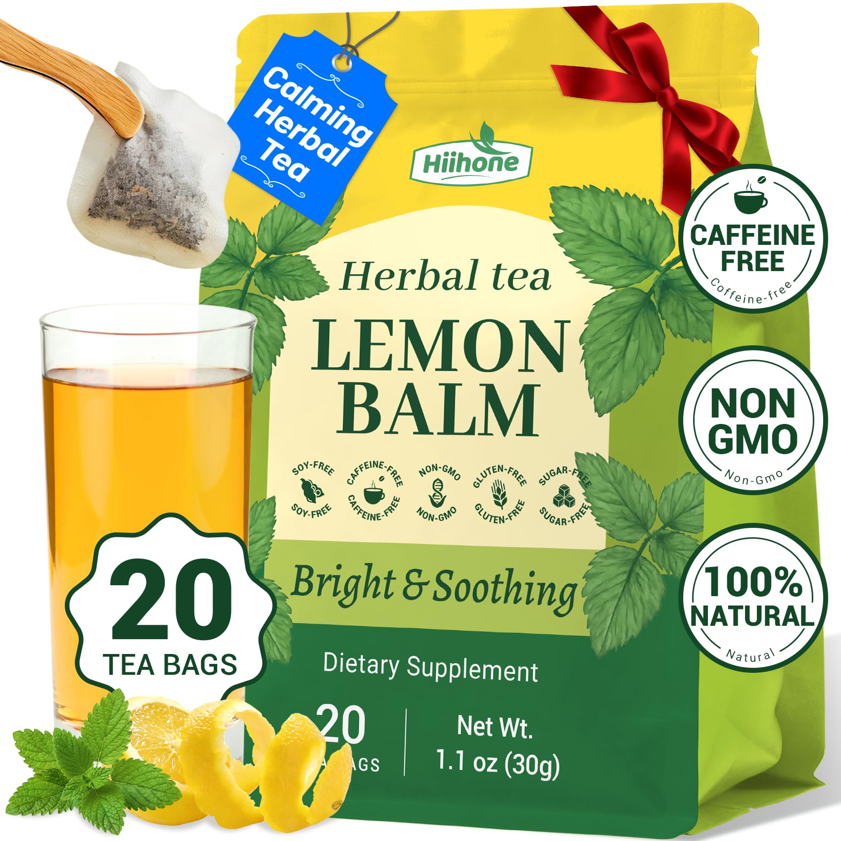 Hiihone Lemon Balm tea bags 20-count display calming citrus aroma for evening rituals.