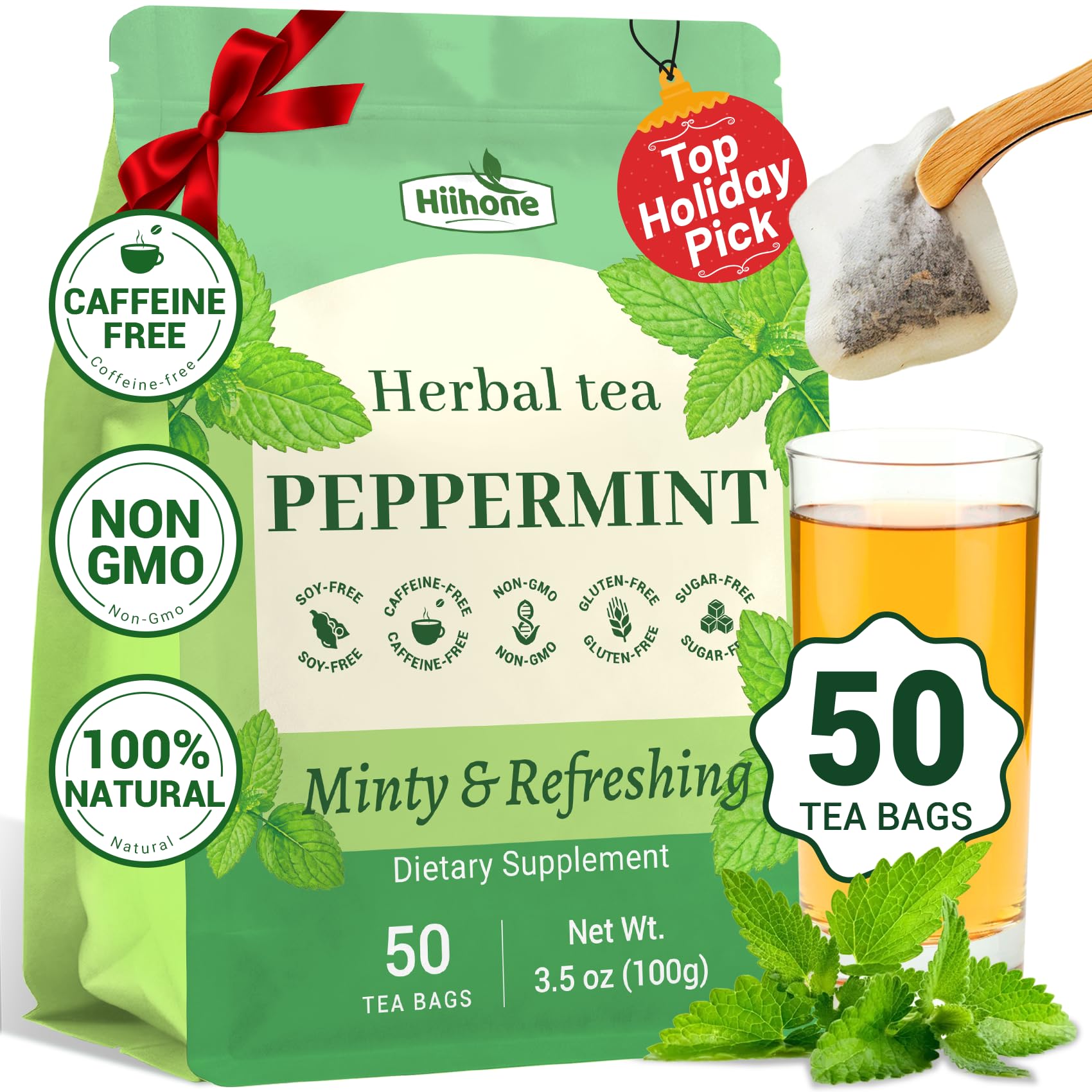 Hiihone Peppermint Tea Bags packaging shows caffeine-free herbal blend for daily refreshment.