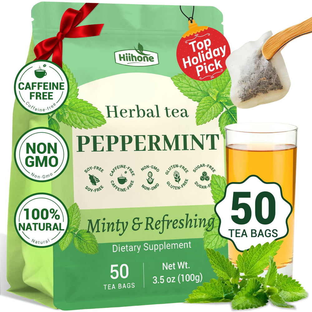 Hiihone Peppermint Tea Bags packaging shows caffeine-free herbal blend for daily refreshment.
