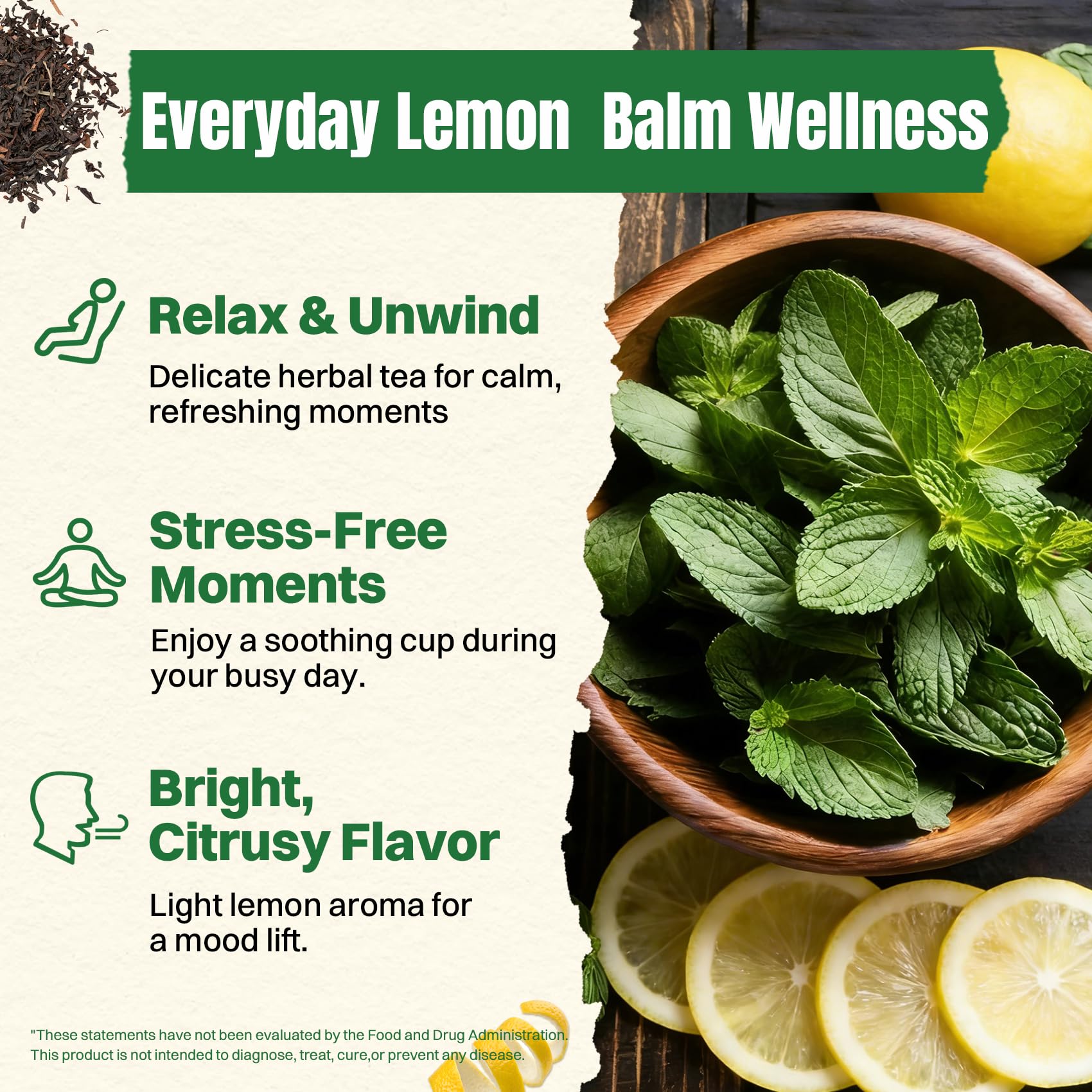 Hiihone lemon balm tea box front showcases clean label and natural ingredients.