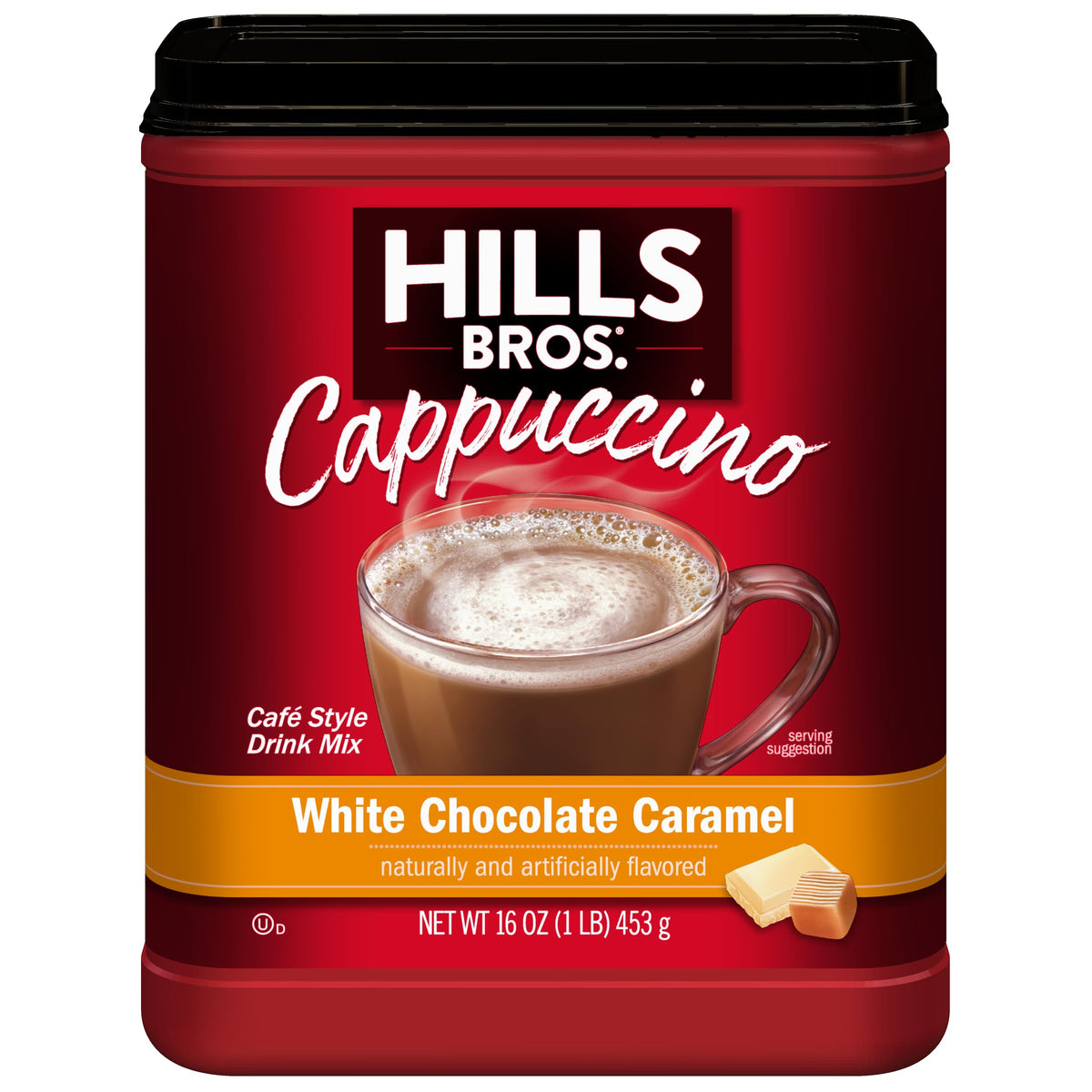 Hills Bros Cappuccino Mix mug with froth, ideal for hot coffee at home
