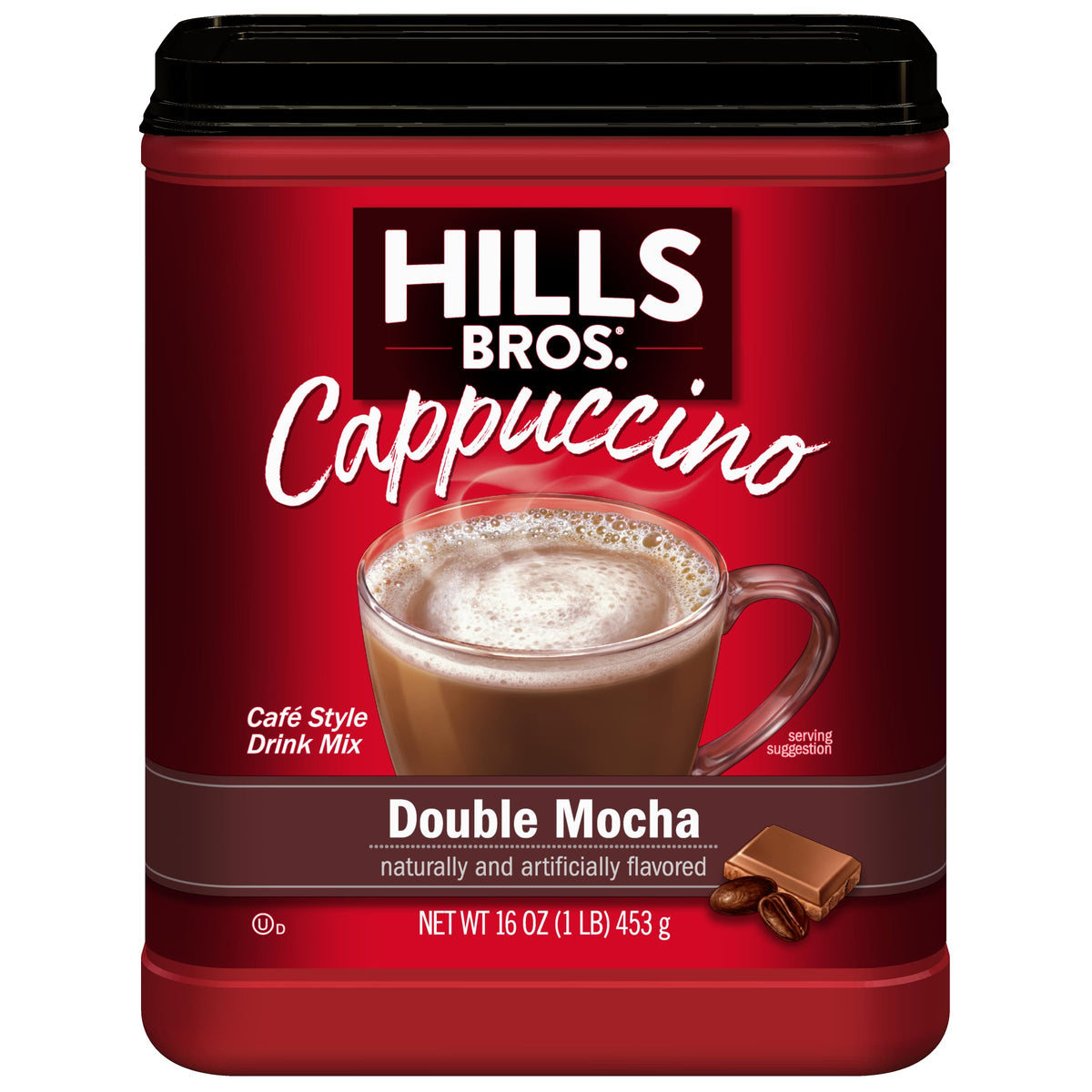 Hills Bros Double Mocha Cappuccino canister front label showcases premium flavor.