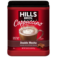 Hills Bros Double Mocha Cappuccino canister front label showcases premium flavor.