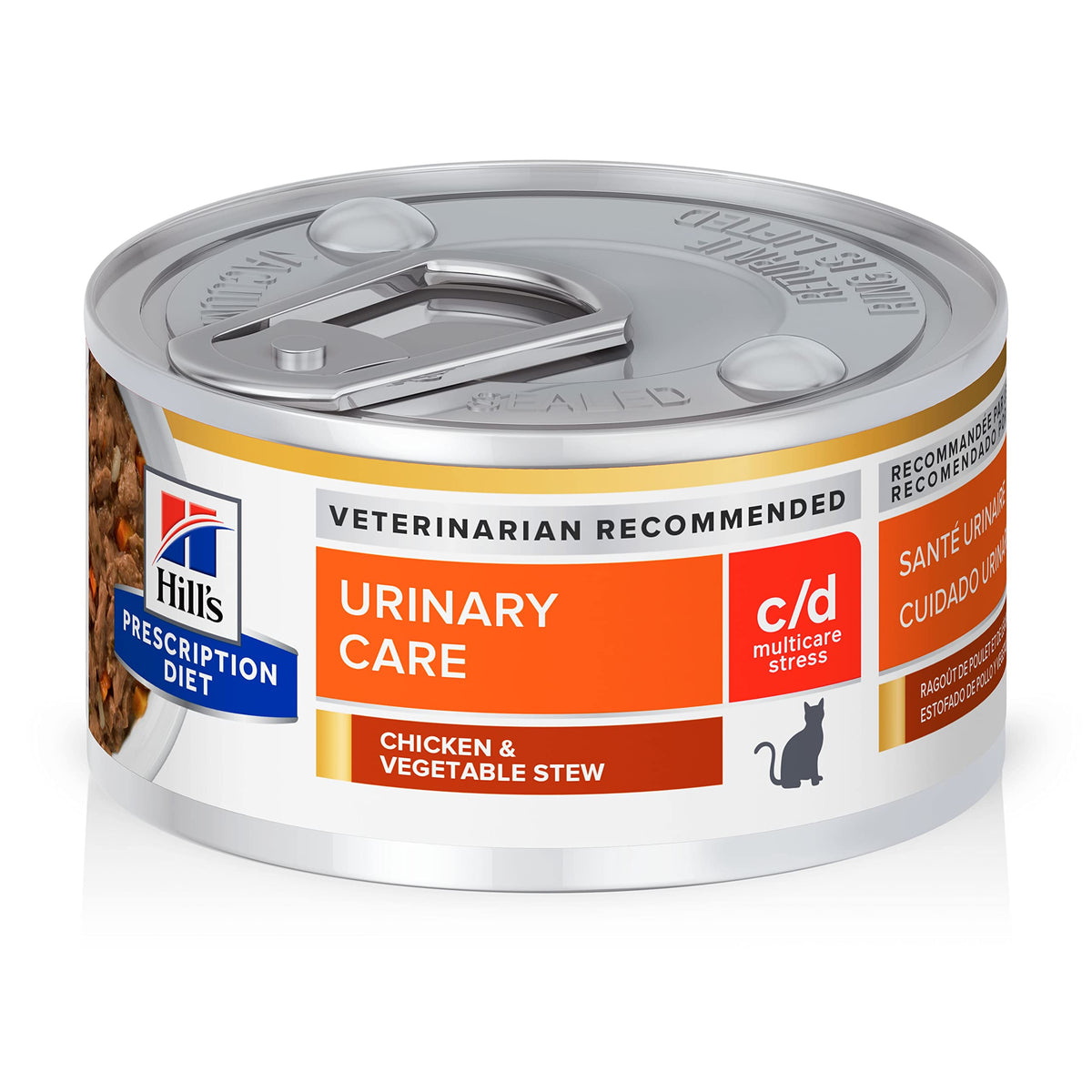 Hill's c/d Multicare Stress wet cat food can, front view, urinary health emphasis.