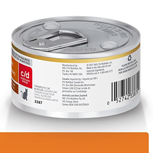 Hill's c/d Multicare Stress wet cat food can, side view, supports stress-related care.