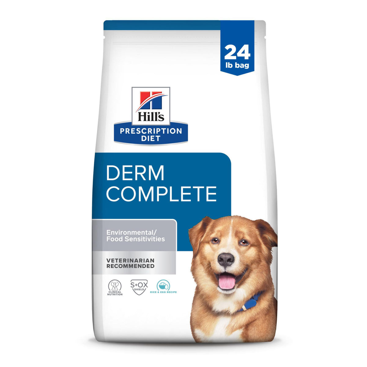 Hill's Prescription Diet Derm Complete bowl of dry dog food supports skin comfort and sensitivity management.
