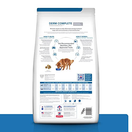 Hill's Prescription Diet Derm Complete rice-egg ingredients highlight gentle digestion support.