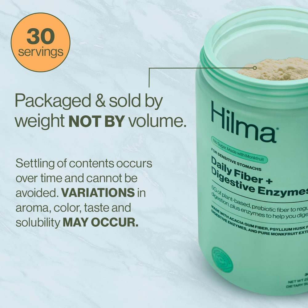 Hilma product bottle beside yogurt or smoothie centerpiece suggests versatile serving options.