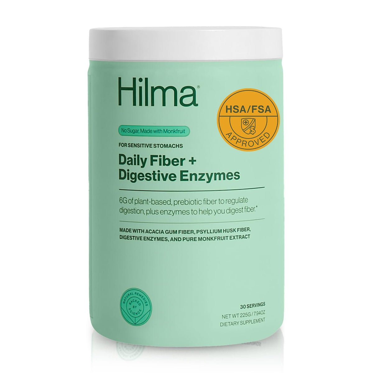 Hilma Daily Fiber and Digestive Enzymes powder in a jar promotes gentle digestion and regularity.