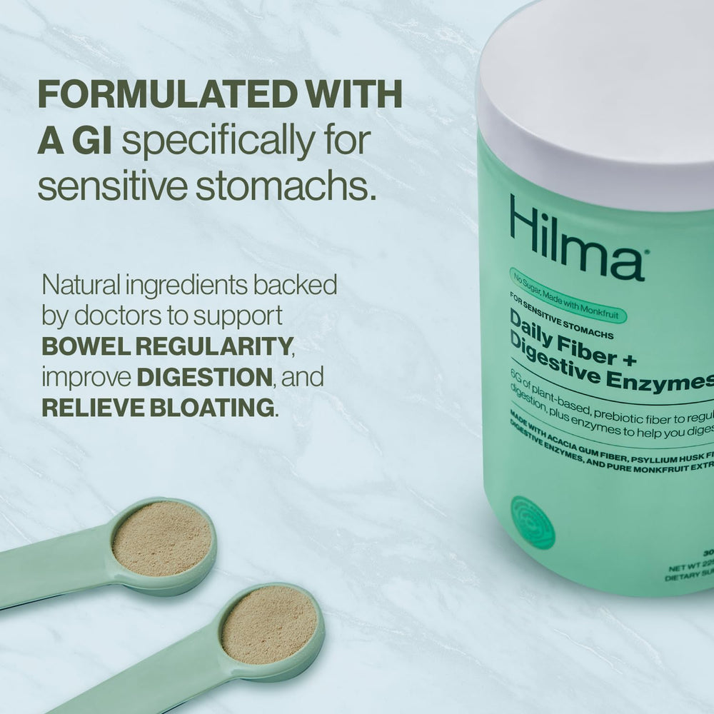 Hilma Daily Fiber jar with prebiotic fiber scoop demonstrates gut-friendly, fiber-rich formulation.