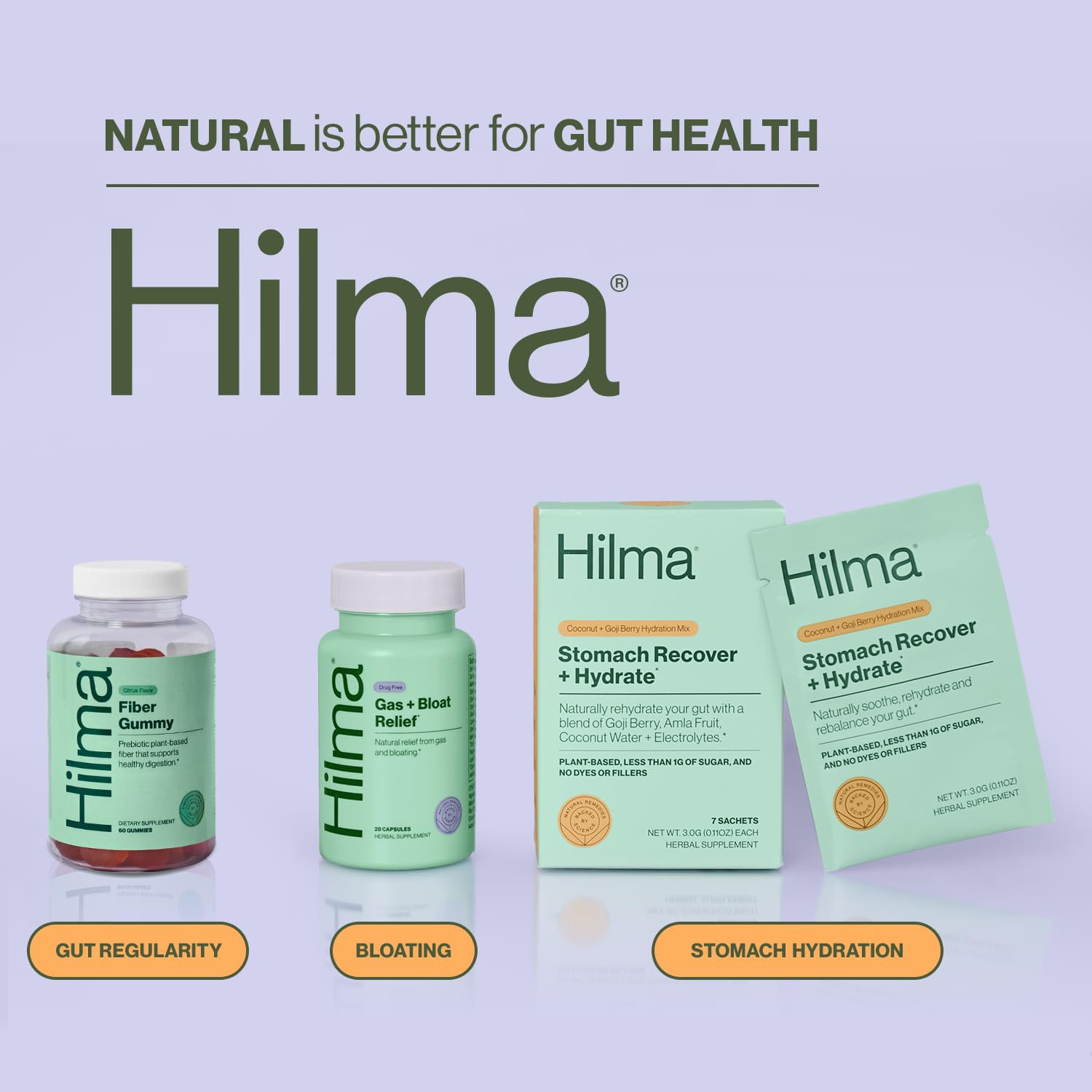 Hilma fiber gummies bottle with serving suggestion for a three-gummy daily routine.