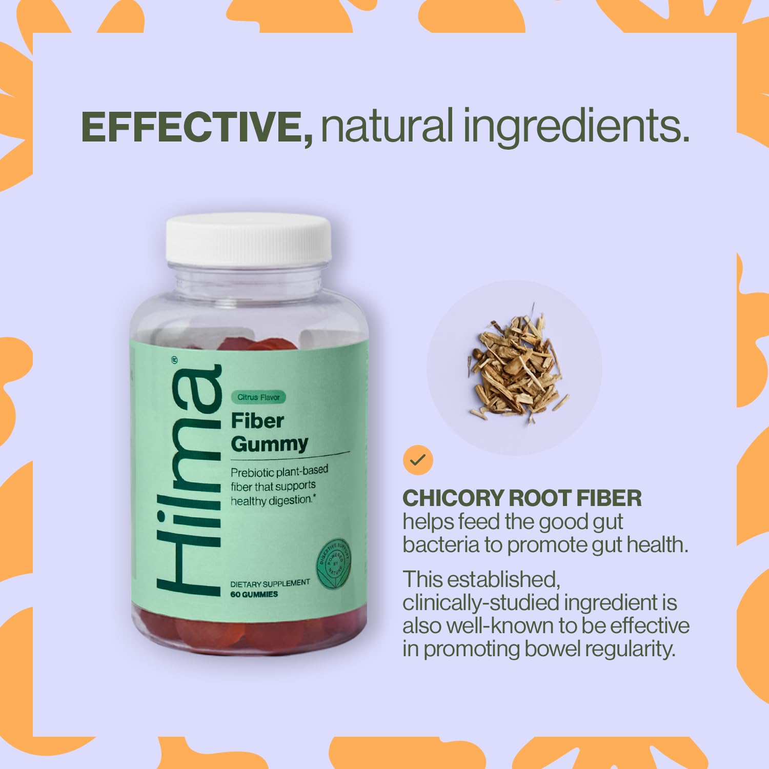 Hilma prebiotic fiber gummies citrus flavor close-up for tasty daily use.