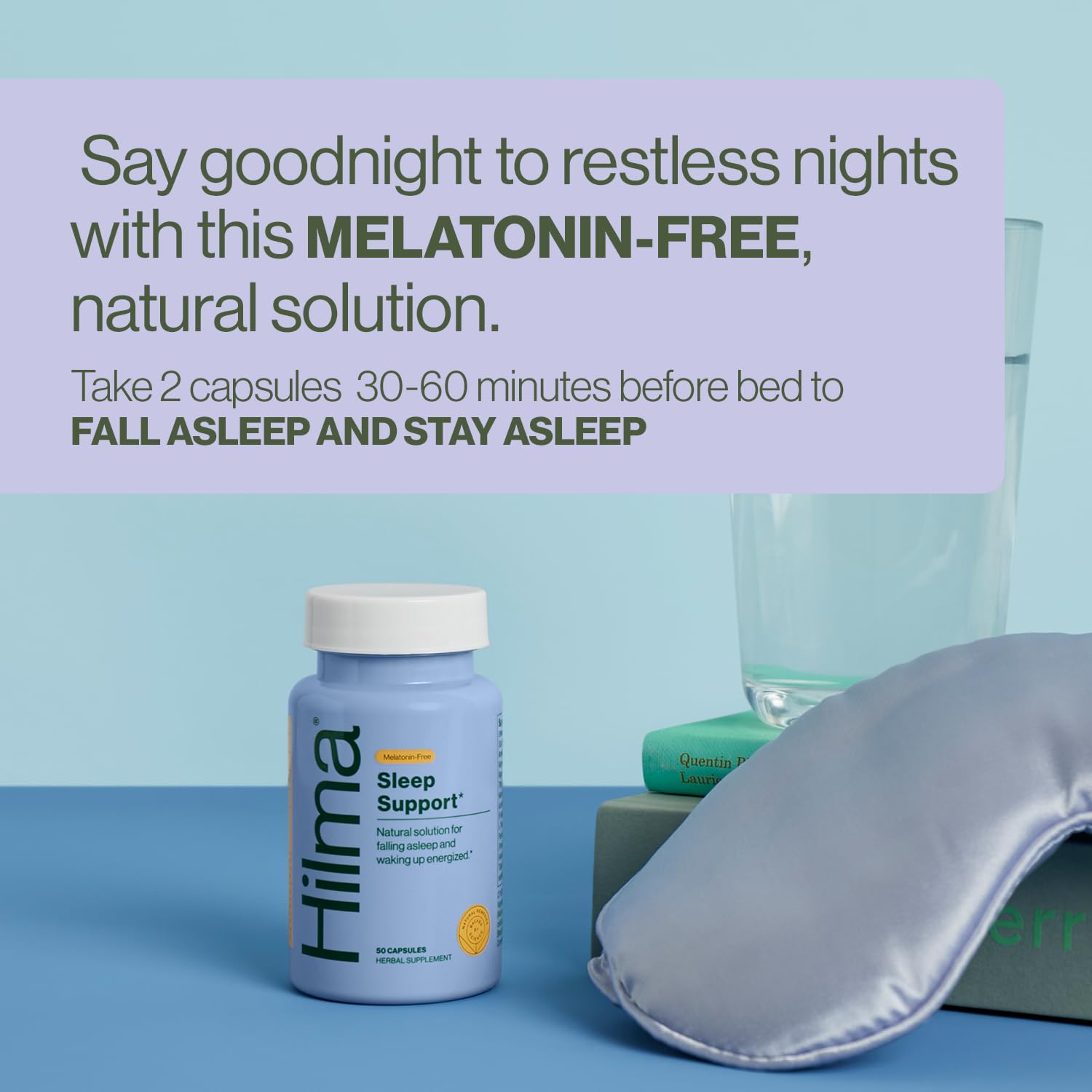 Hilma Sleep Aid capsules close-up showing vegan capsules with magnesium and L-theanine