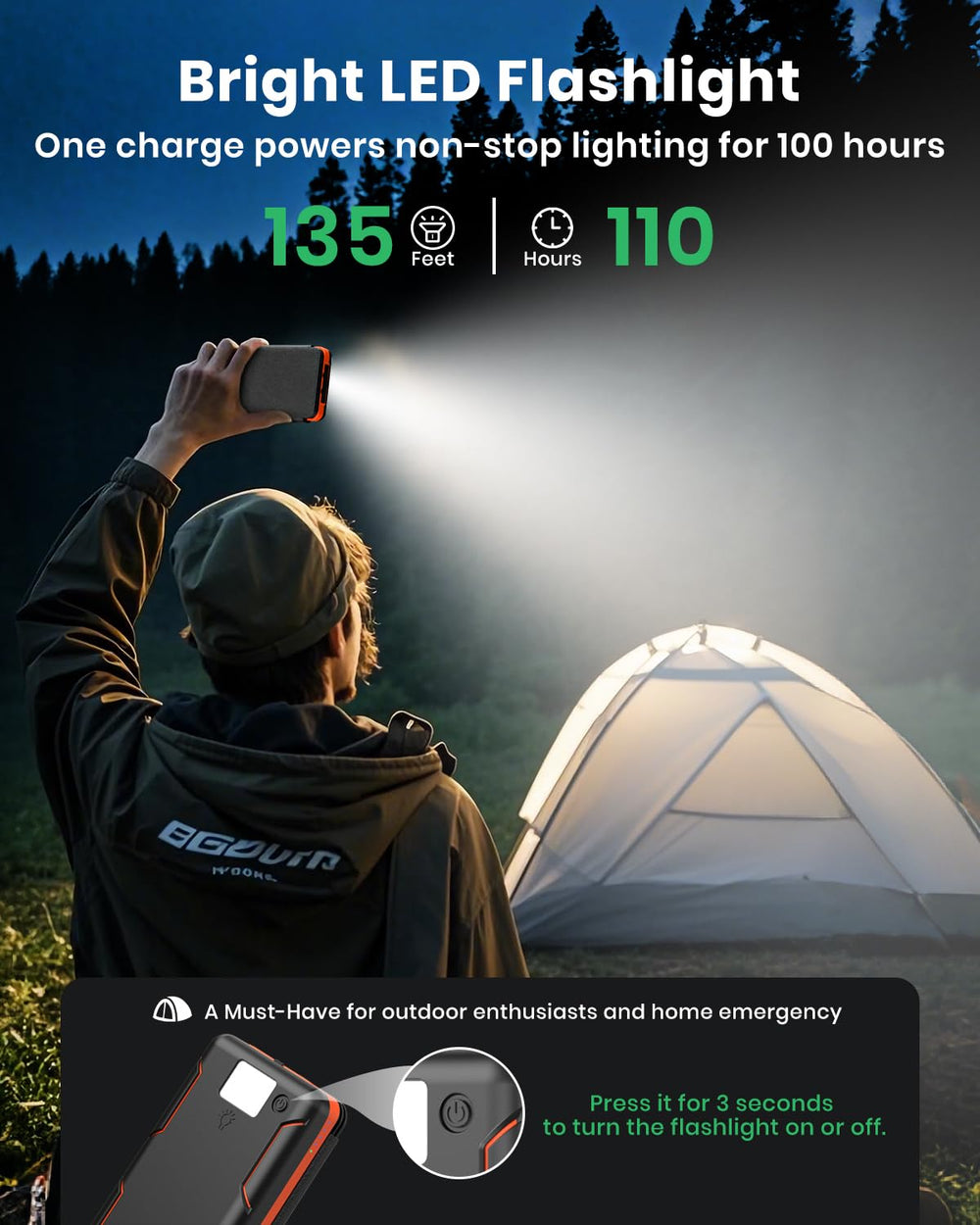 Hiluckey solar charger flashlight beam visible for night navigation.