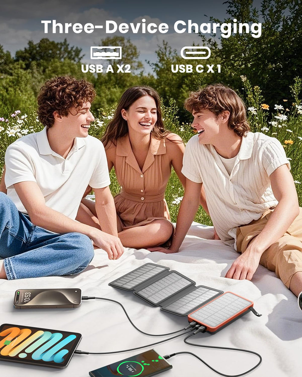 Hiluckey solar charger PD fast recharge via USB-C input (charger not included).