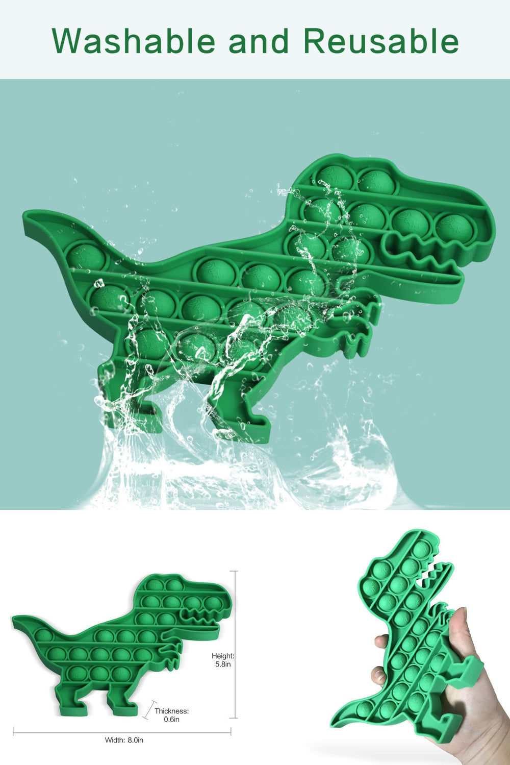 HILUDEER green dinosaur popper invites imaginative play and fine motor practice.