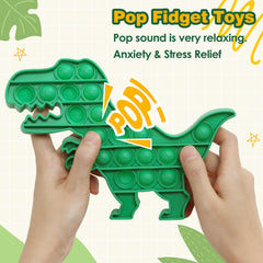 HILUDEER green dinosaur pop toy in hand ideal for on-the-go play.