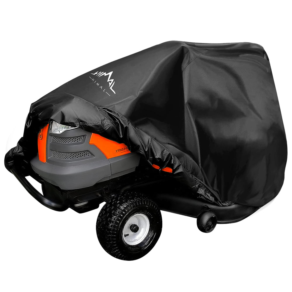 Himal Outdoors Pro riding mower cover on deck showing universal fit and protection