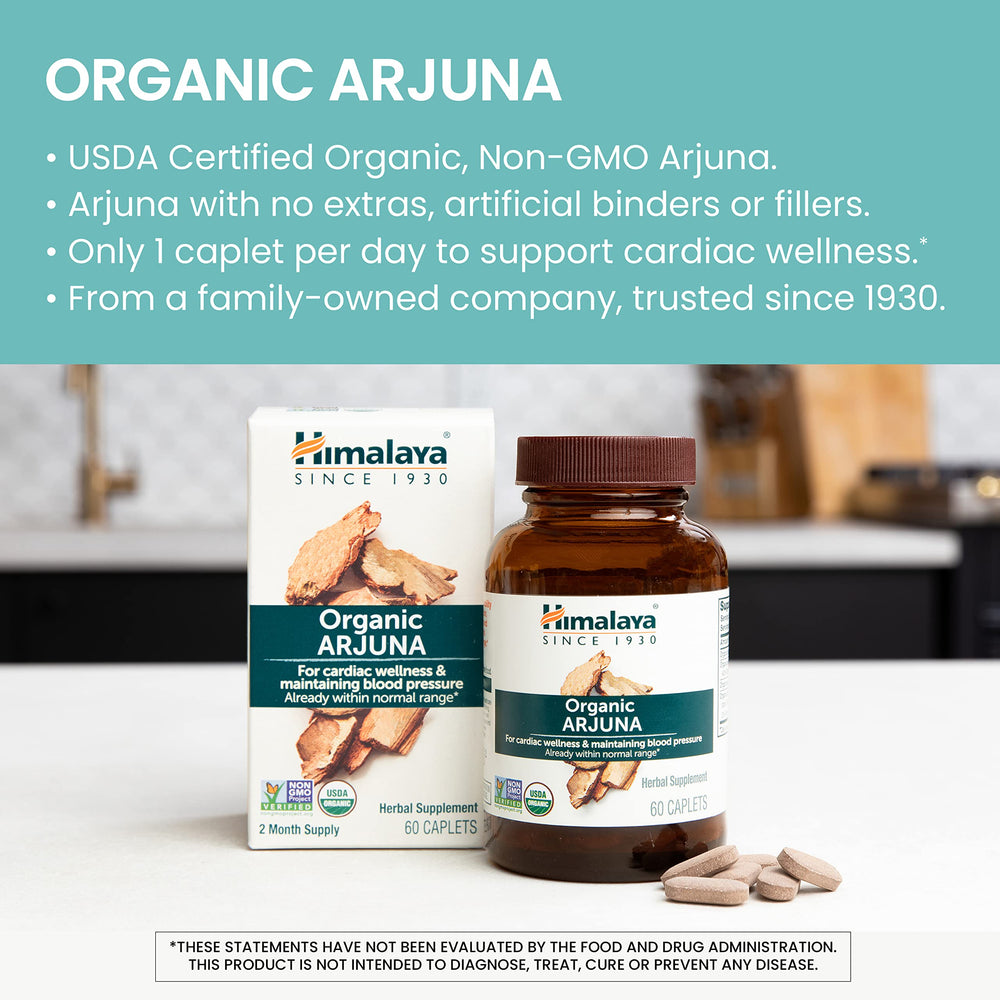 Himalaya Arjuna label highlights organic, vegan, and non-GMO quality