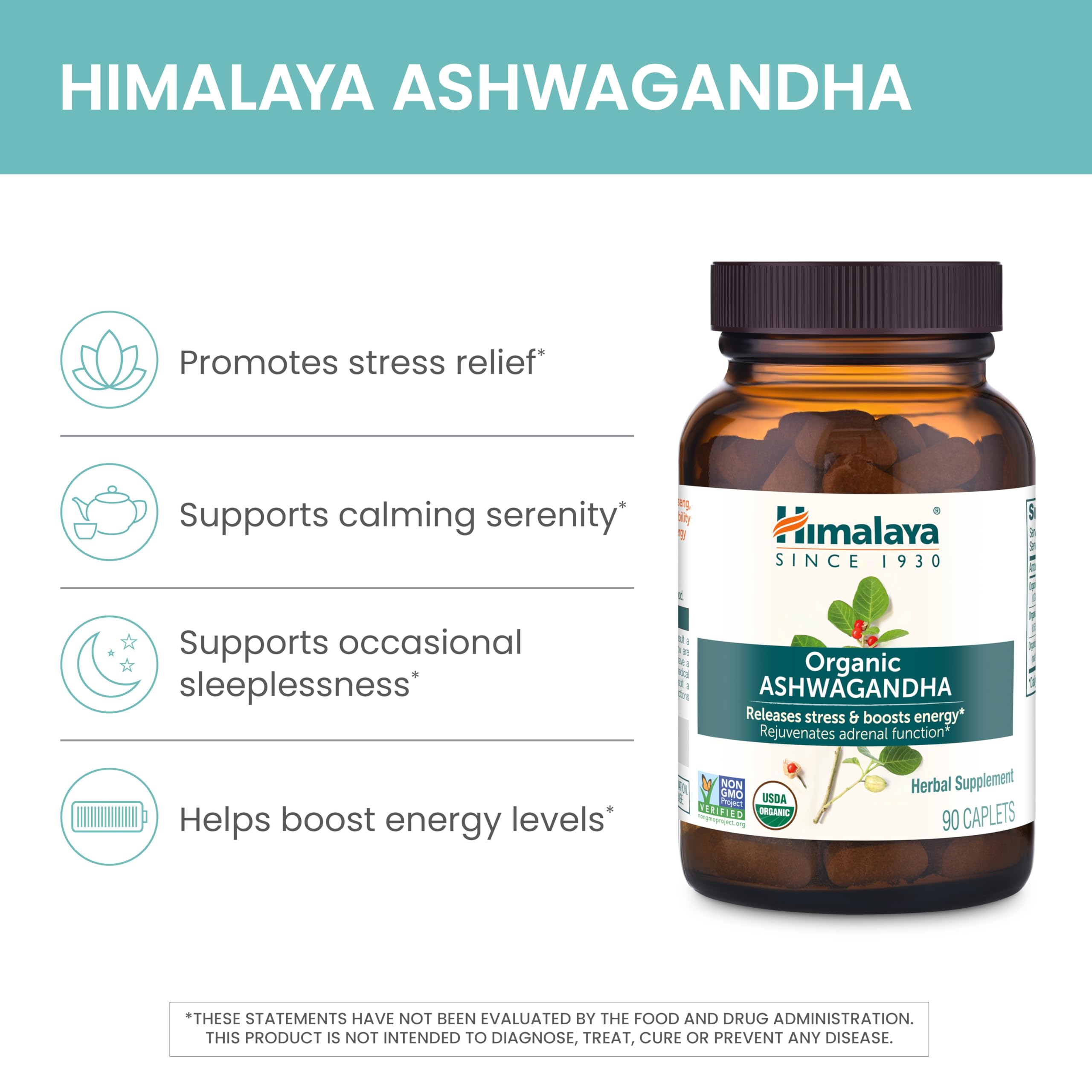 Himalaya Ashwagandha caplets closeup emphasizing stimulant-free daily use