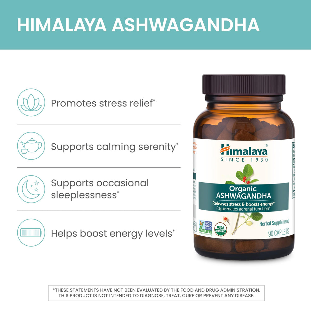 Himalaya Ashwagandha caplets closeup emphasizing stimulant-free daily use