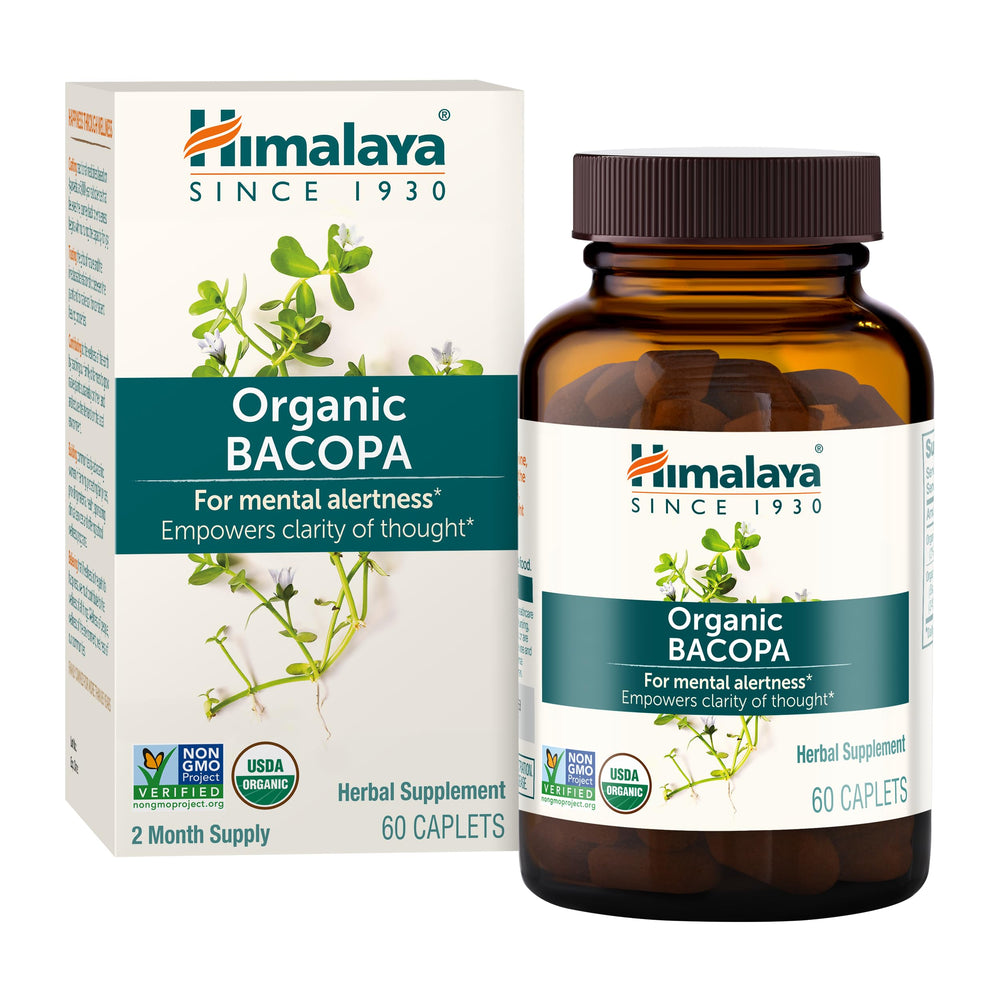 Himalaya Bacopa Organic caplets closeup highlights easy-to-take, plant-based nourishment.