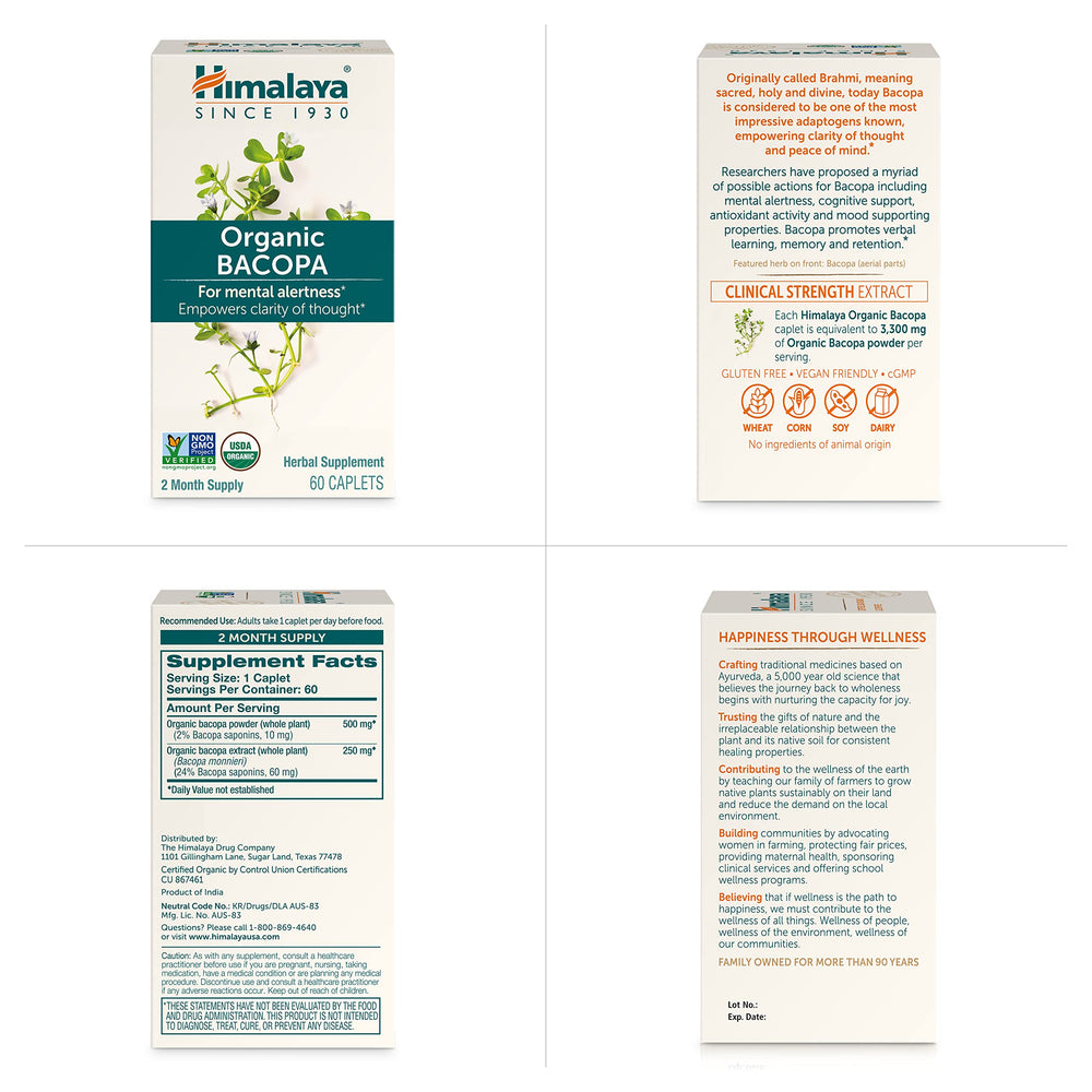 Himalaya Bacopa Organic dosing instructions closeup guides simple daily regimen.