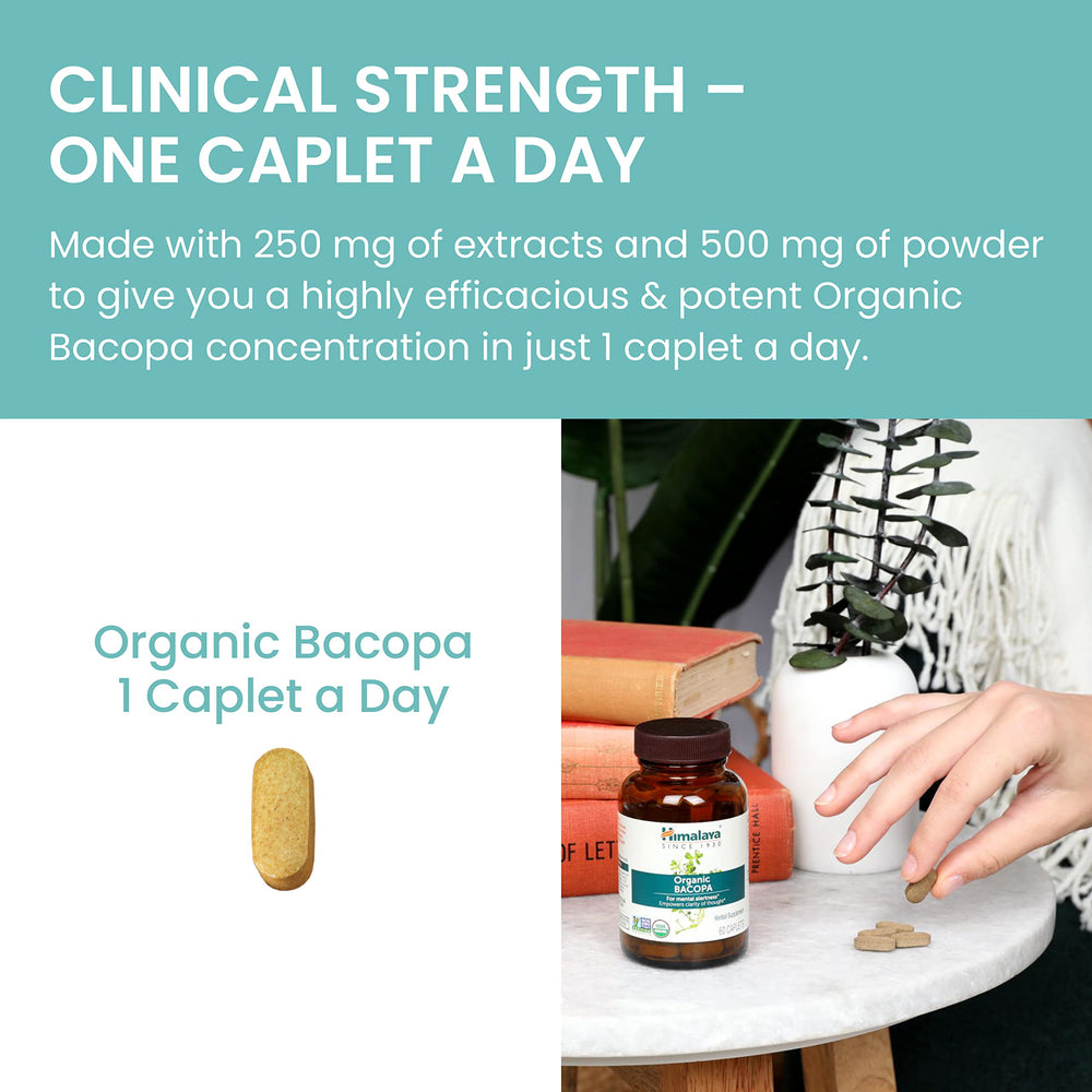Himalaya Bacopa Organic ingredient collection highlights organic bacopa and capsule form.