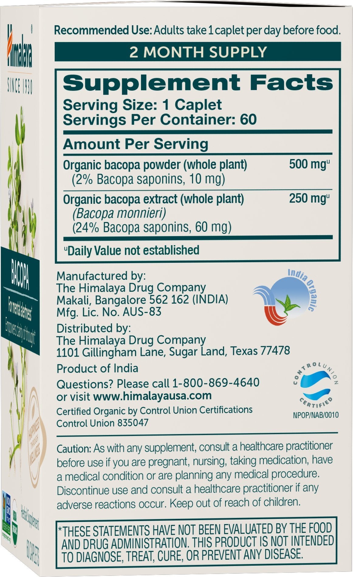 Himalaya Bacopa Organic label closeup communicates USDA Organic and non-GMO assurance.