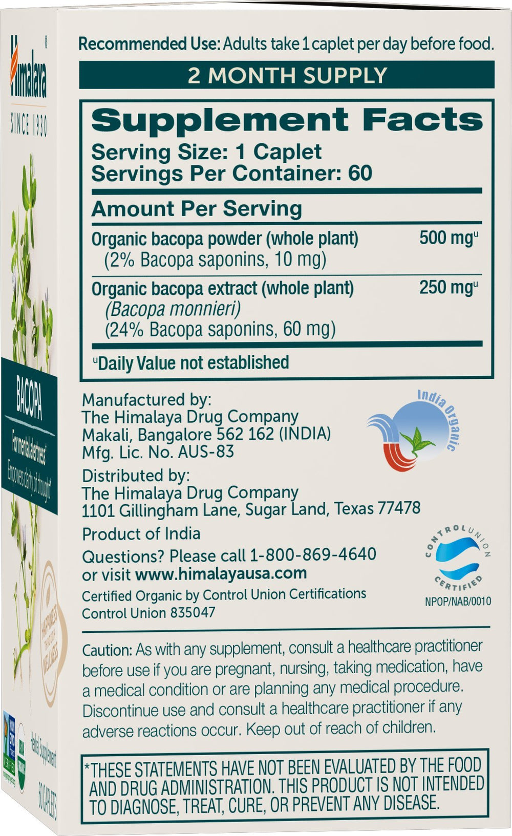 Himalaya Bacopa Organic label closeup communicates USDA Organic and non-GMO assurance.