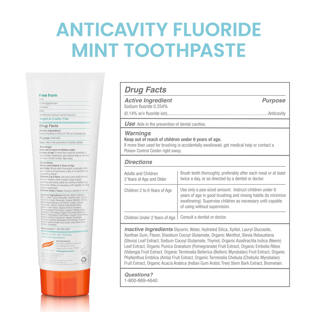 Himalaya Botanique toothpaste brushing action for cavity protection.