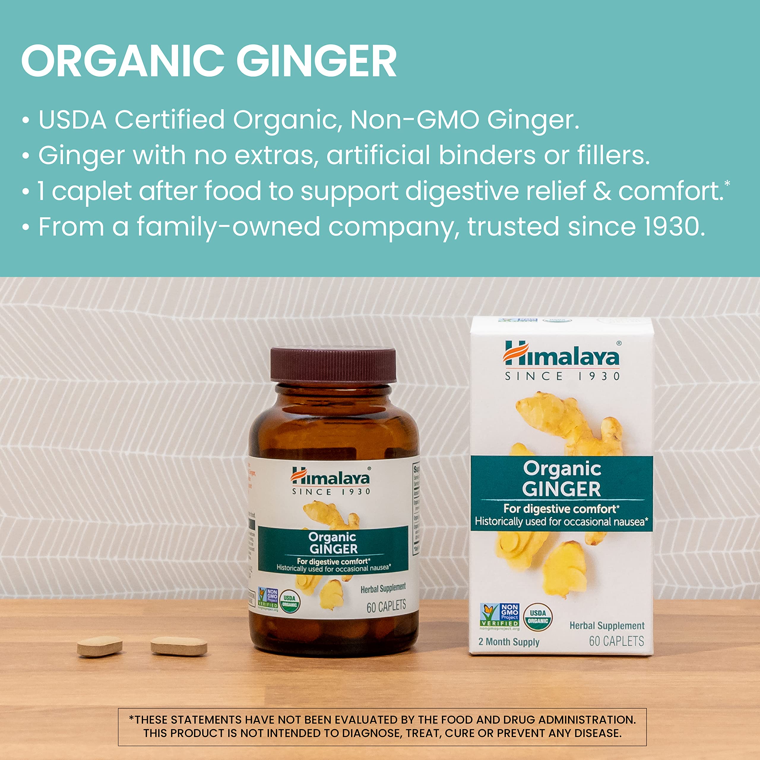 Himalaya Ginger digestive supplement packaging emphasizes purity and Ayurvedic wellness.