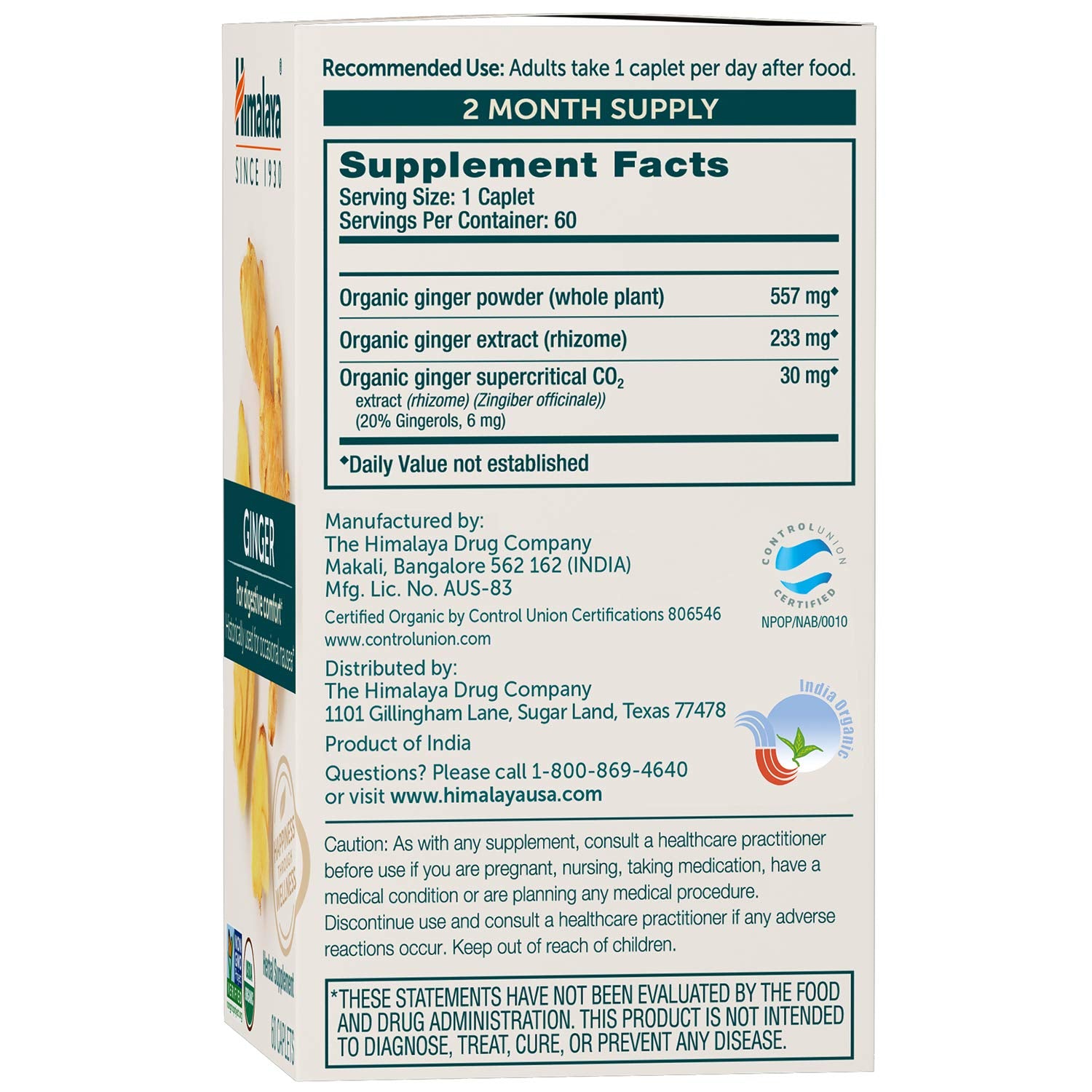 Himalaya Ginger powder capsules close-up highlighting organic formula for digestion.