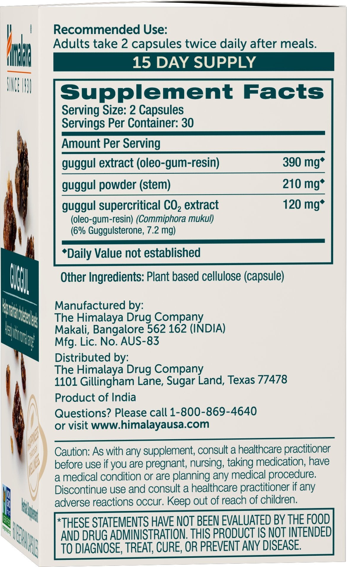 Himalaya Guggul capsules close-up showing plant-based formulation.