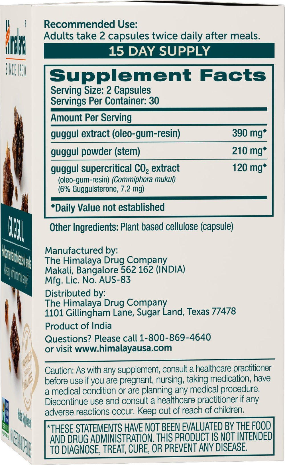 Himalaya Guggul capsules close-up showing plant-based formulation.