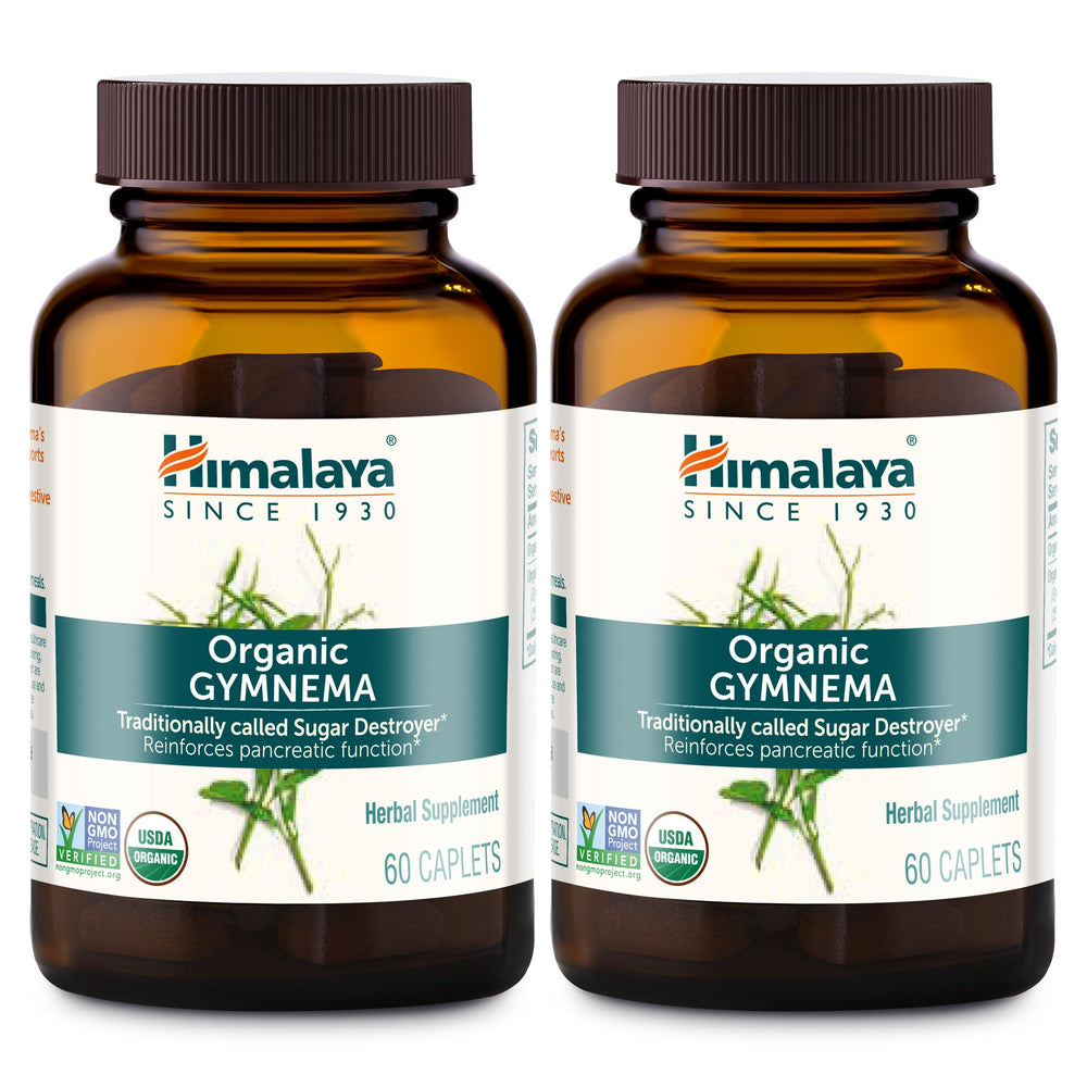 Himalaya Gymnema Sylvestre bottle label highlights organic ingredients for daily wellness support.