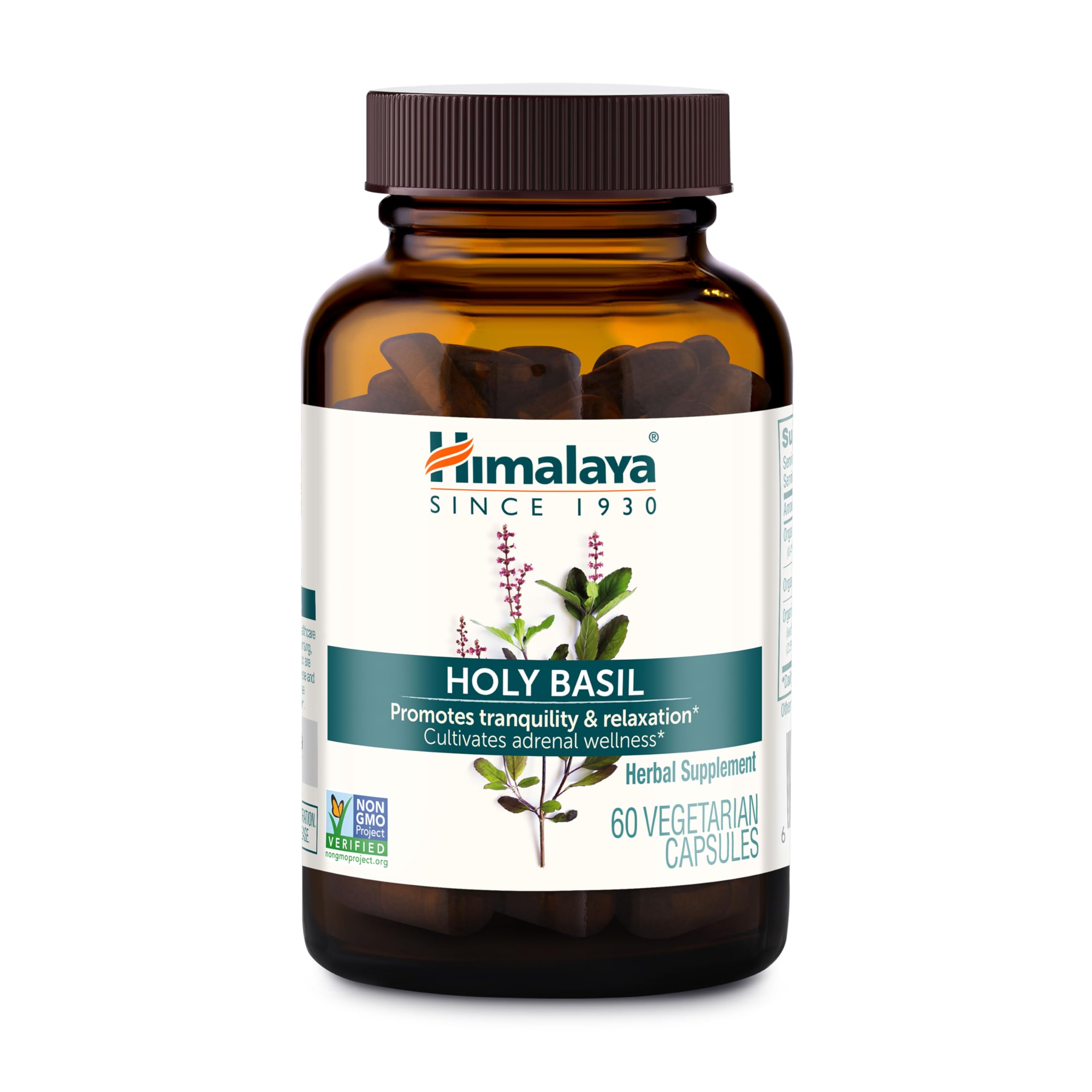 Himalaya Holy Basil capsules 720mg bottle on shelf for daily stress support.