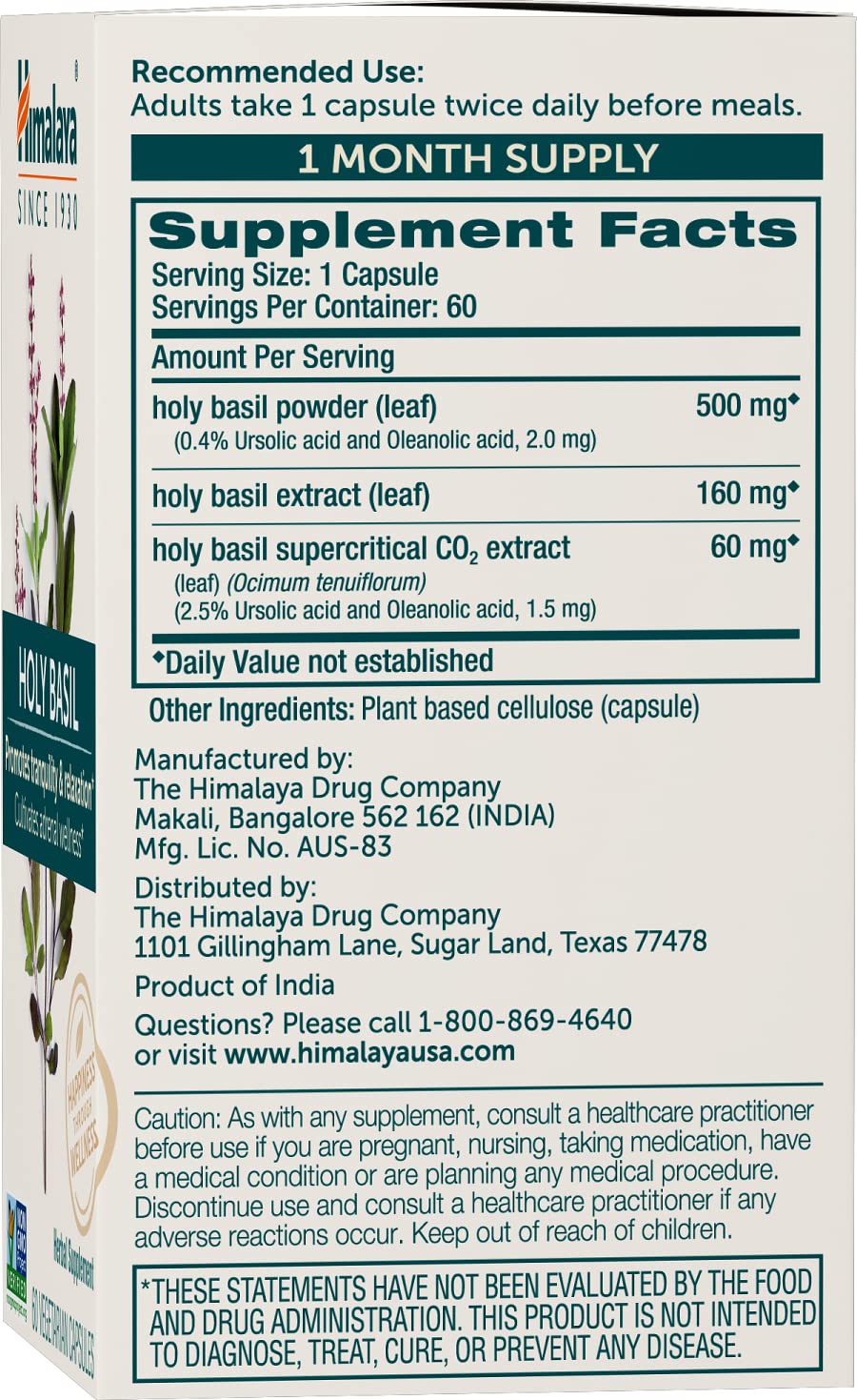 Himalaya Holy Basil capsules close-up label showing vegan, high-quality formulation.