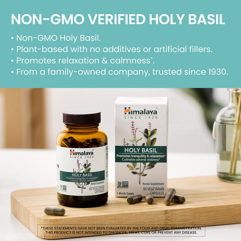 Himalaya Holy Basil capsules being poured, suggesting easy daily use.