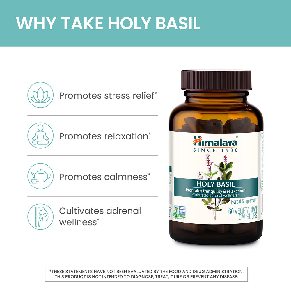 Himalaya Holy Basil outer packaging box highlighting Ayurveda heritage.