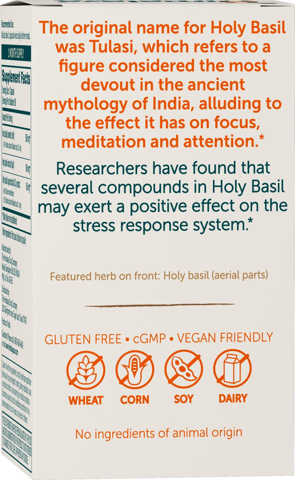 Himalaya Holy Basil vegan, non-GMO, gluten-free bottle badge.