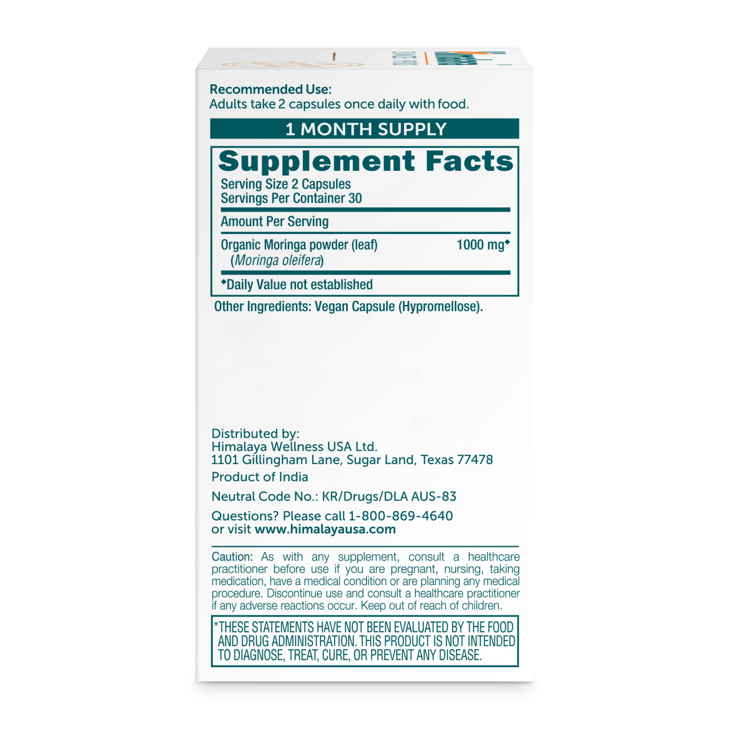 Himalaya Moringa bottle label front indicating vegan, organic quality