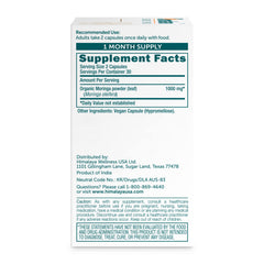 Himalaya Moringa bottle label front indicating vegan, organic quality