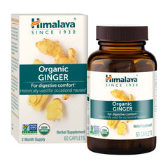Himalaya Organic Ginger bottle caplets shown for digestion support and occasional nausea relief.