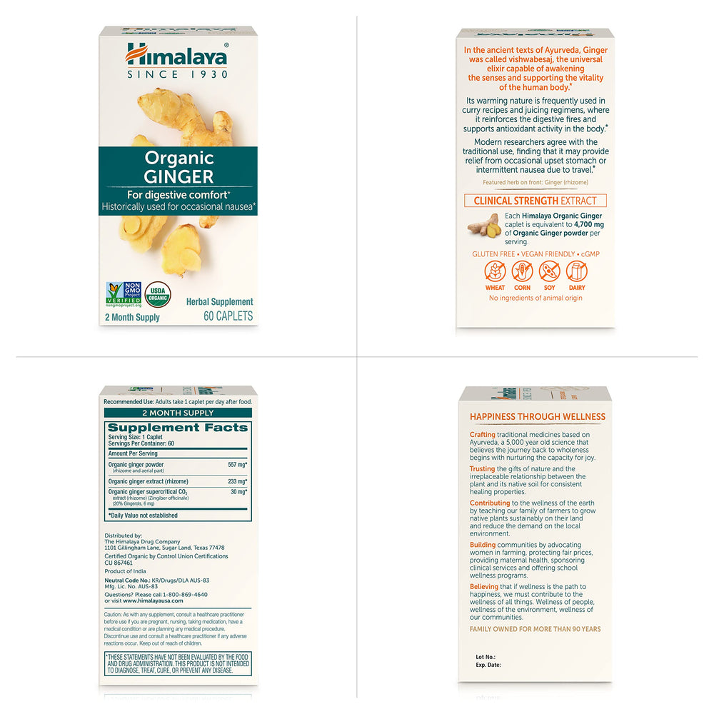 Himalaya Organic Ginger ingredients highlighting organic extract and allergen-free formula.