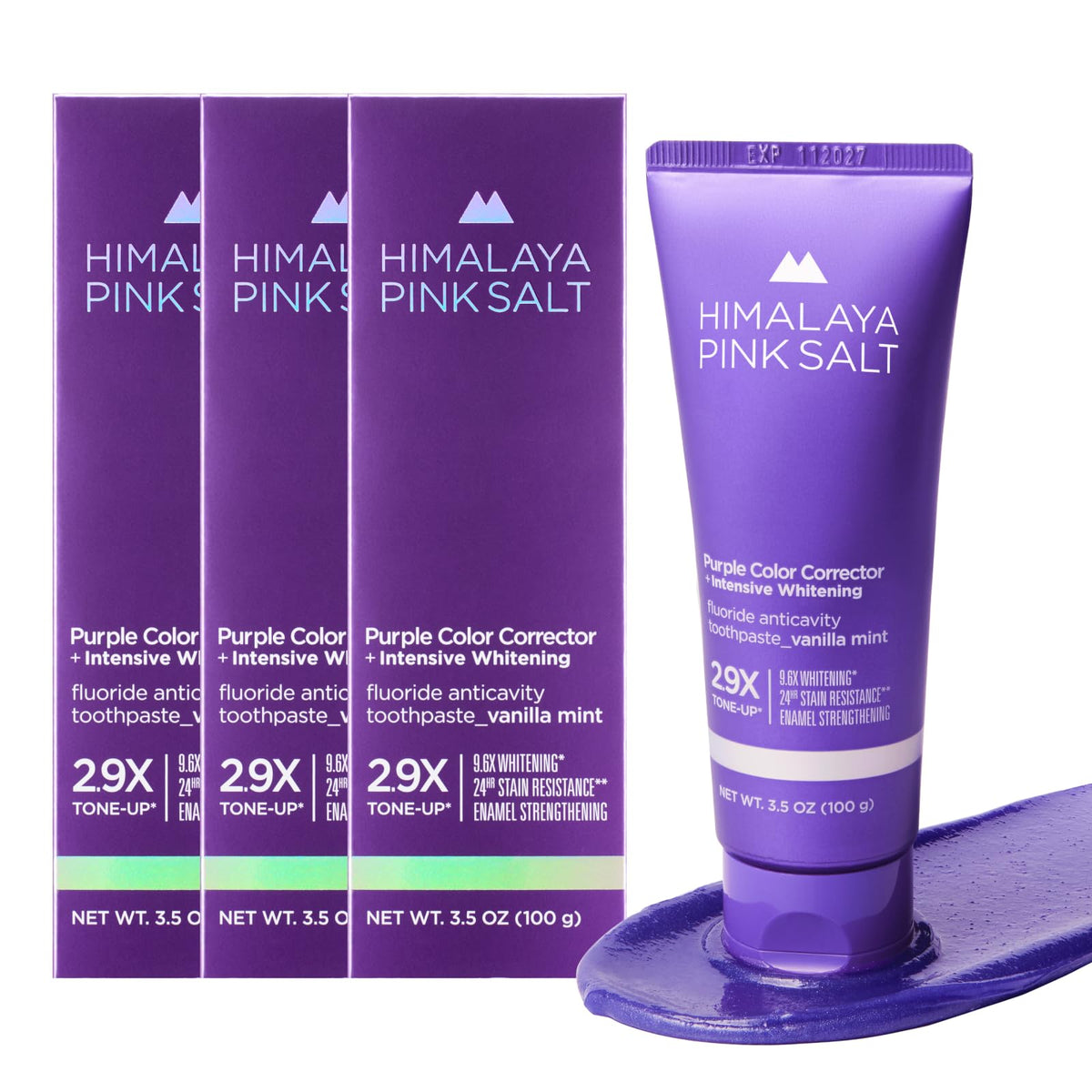 HIMALAYA PINKSALT Purple Toothpaste tube-front promotes fresh breath and whitening.